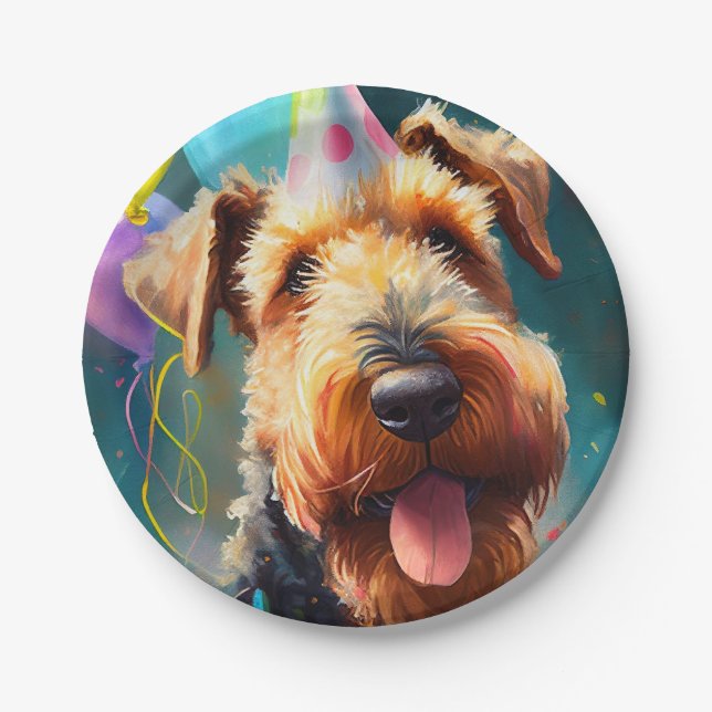 Airedale dog with birthday hat and balloons paper plate (Front)