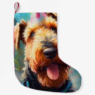 Airedale dog with birthday hat and balloons small christmas stocking