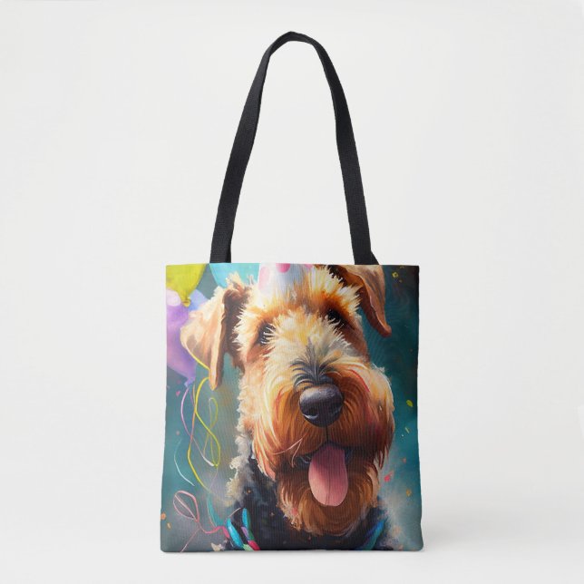 Airedale dog with birthday hat and balloons tote bag (Front)
