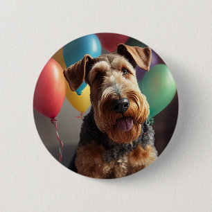 Airedale dog with cake and balloons 2 inch round button