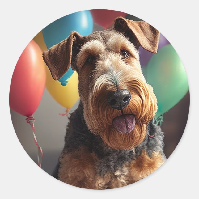 Airedale dog with cake and balloons classic round sticker (Front)