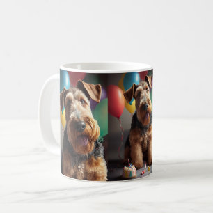 Airedale dog with cake and balloons coffee mug