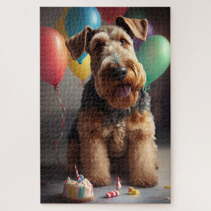 Airedale dog with cake and balloons jigsaw puzzle