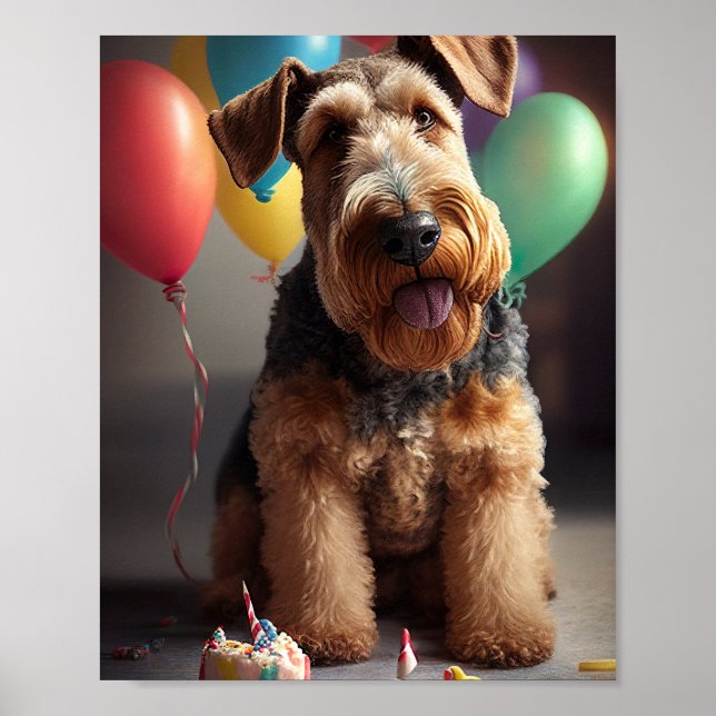 Airedale dog with cake and balloons poster (Front)