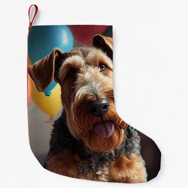 Airedale dog with cake and balloons small christmas stocking (Front)