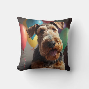 Airedale dog with cake and balloons  throw pillow