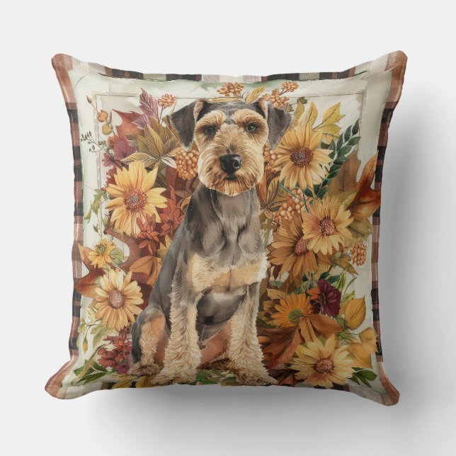 Airedale Fall Watercolor Flowers Throw Pillow (Front)