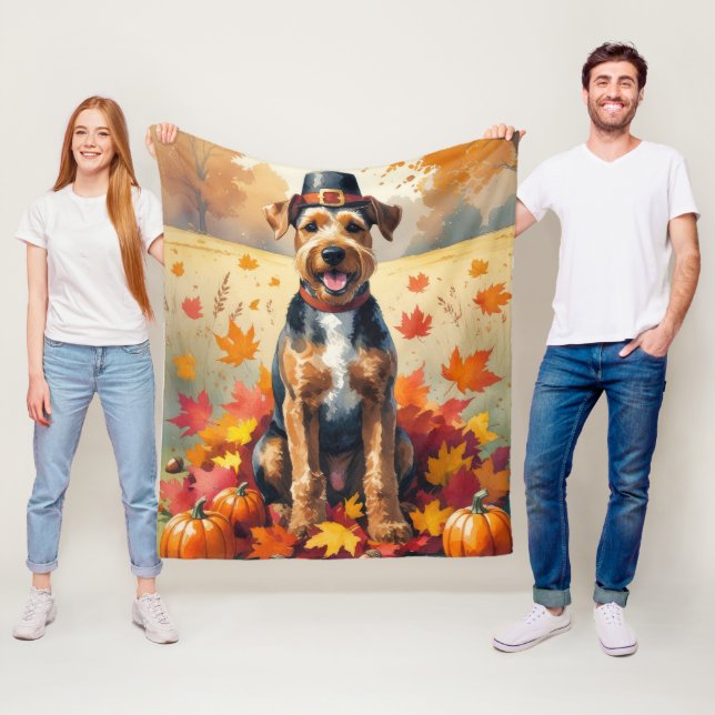 Airedale  in Autumn Leaves Thanksgiving Art Fleece Blanket (In Situ)