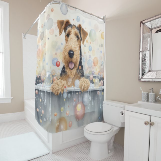 Airedale in Bathtub Watercolor Dog Art (In Situ)