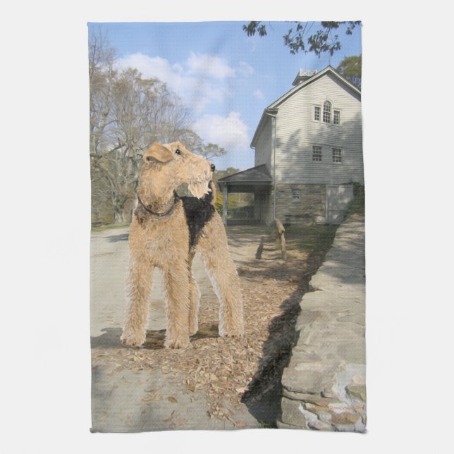 Airedale in the Stable Yard Kitchen Towel (Vertical)