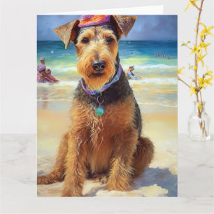 Airedale on Beach, summer gift for dog lovers  Card