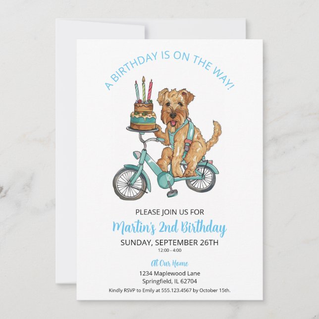 Airedale on Bike with Cake 2nd Birthday Party Invitation (Front)