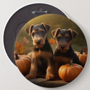 Airedale Puppy Autumn Delight Pumpkin 6 Inch Round Button