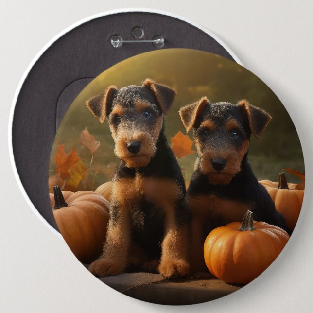 Airedale Puppy Autumn Delight Pumpkin 6 Inch Round Button (Front & Back)
