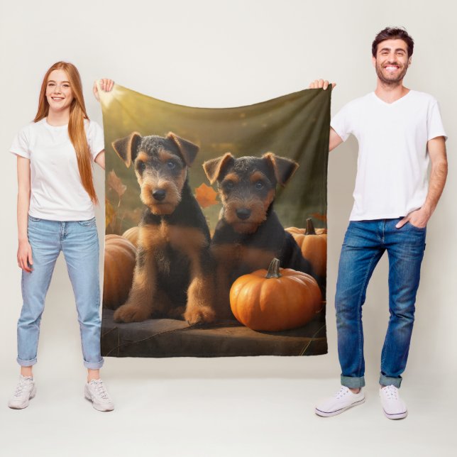 Airedale Puppy Autumn Delight Pumpkin Fleece Blanket (In Situ)