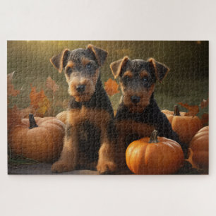 Airedale Puppy Autumn Delight Pumpkin Jigsaw Puzzle