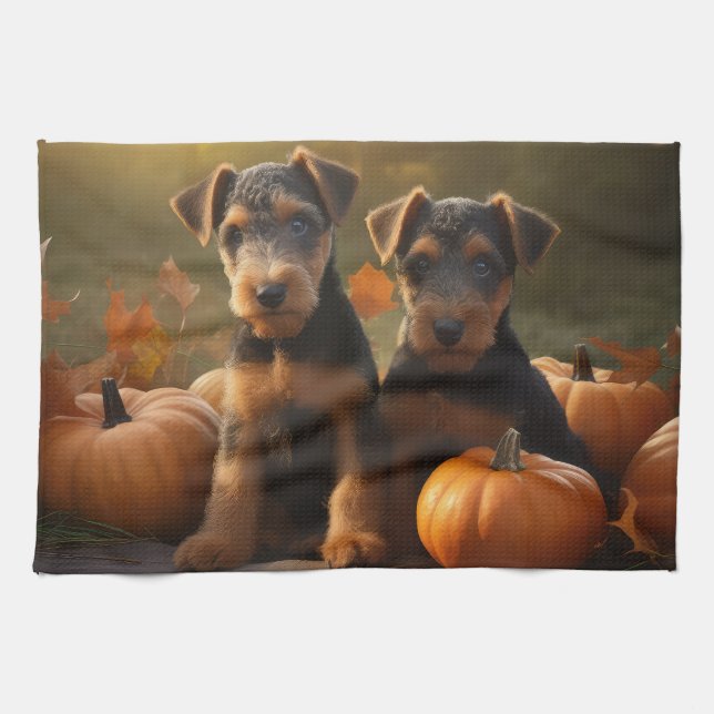 Airedale Puppy Autumn Delight Pumpkin Kitchen Towel (Horizontal)