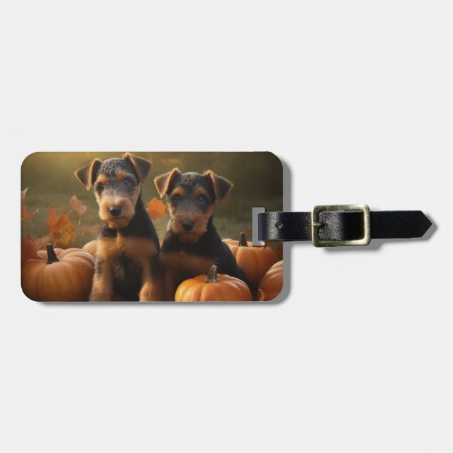 Airedale Puppy Autumn Delight Pumpkin Luggage Tag (Front Horizontal)