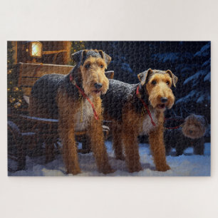 Airedale Snowy Sleigh Ride Christmas Decor   Jigsaw Puzzle