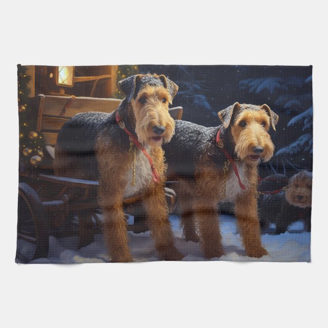 Airedale Snowy Sleigh Ride Christmas Decor   Kitchen Towel (Horizontal)