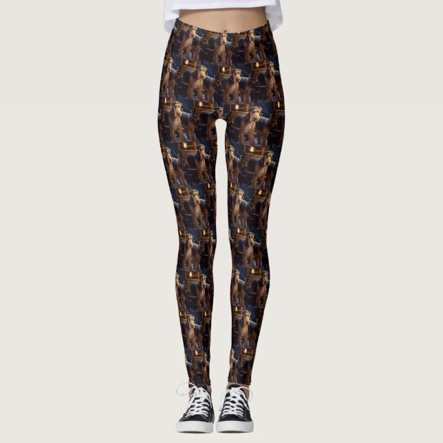 Airedale Snowy Sleigh Ride Christmas Decor   Leggings (Front)