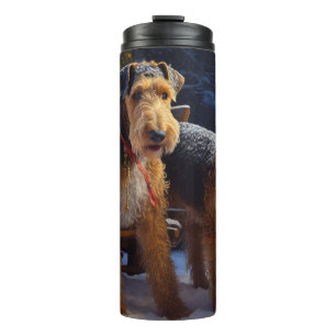 Airedale Snowy Sleigh Ride Christmas Decor   Thermal Tumbler