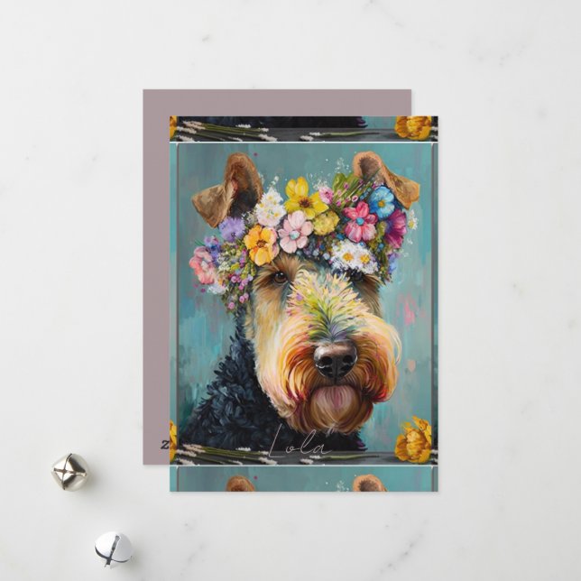 Airedale Terrier Abstract floral painting  Holiday Card (Front/Back In Situ)