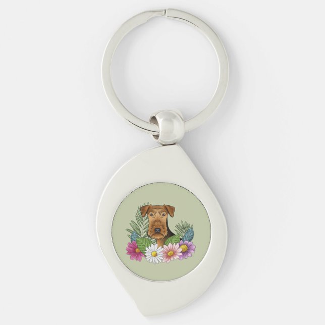 Airedale Terrier And Colourful Summer Flowers Gree Keychain (Front)