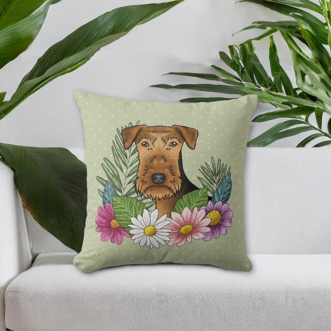 Airedale Terrier And Colourful Summer Flowers Gree Throw Pillow (Please note: This image is a digital mockup. The product may not be in scale.)