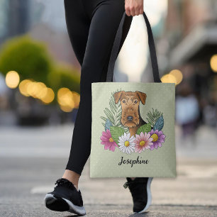 Airedale Terrier And Colourful Summer Flowers Gree Tote Bag
