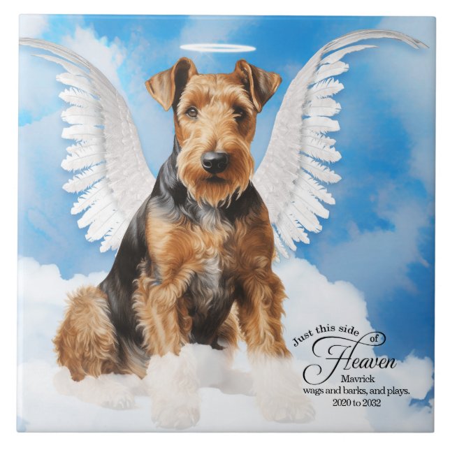 Airedale Terrier Angel Personalized Pet Memorial Tile (Front)