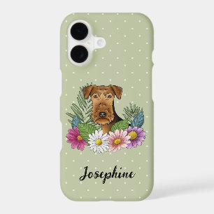 Airedale Terrier avec des fleurs colorées et nom