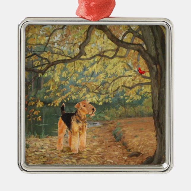 Airedale Terrier Birdwatching Metal Ornament (Front)