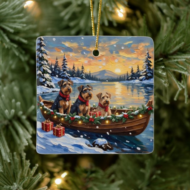 Airedale Terrier Christmas Boat Holiday Ceramic Ornament (Tree)