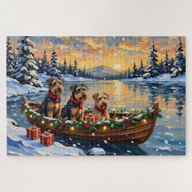 Airedale Terrier Christmas Boat Holiday Jigsaw Puzzle (Horizontal)