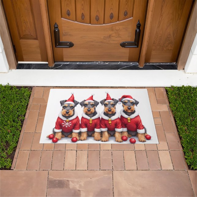 Airedale Terrier Christmas Dress Santa Hat Doormat (Outdoor)