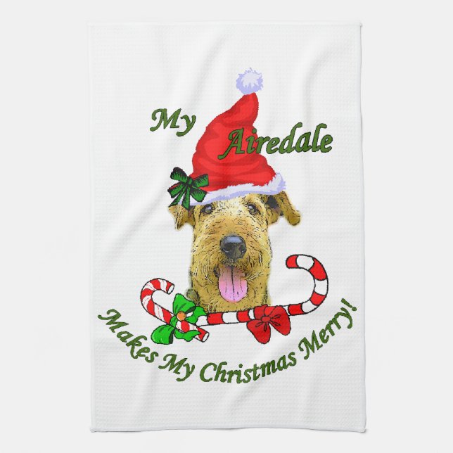 Airedale Terrier Christmas Merry Kitchen Towel (Vertical)