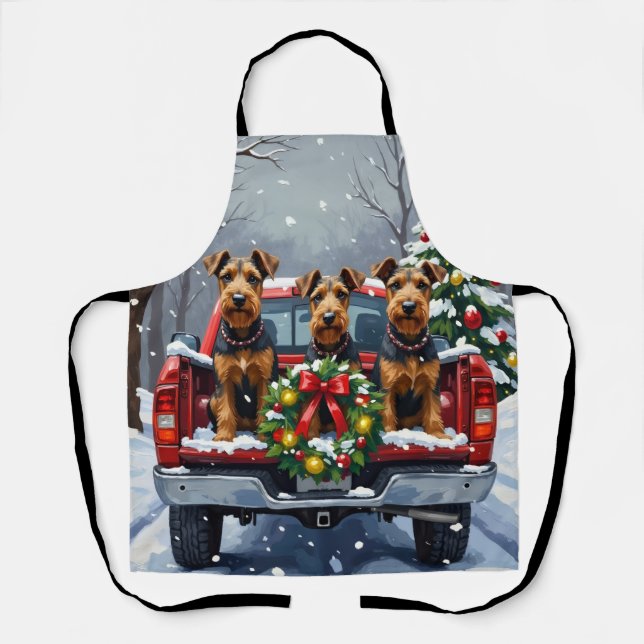 Airedale Terrier Christmas Red Truck Holiday Apron (Front)