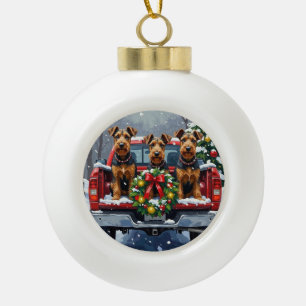 Airedale Terrier Christmas Red Truck Holiday Ceramic Ball Christmas Ornament