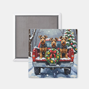 Airedale Terrier Christmas Red Truck Holiday Magnet