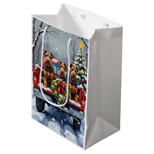 Airedale Terrier Christmas Red Truck Holiday Medium Gift Bag (Front Angled)