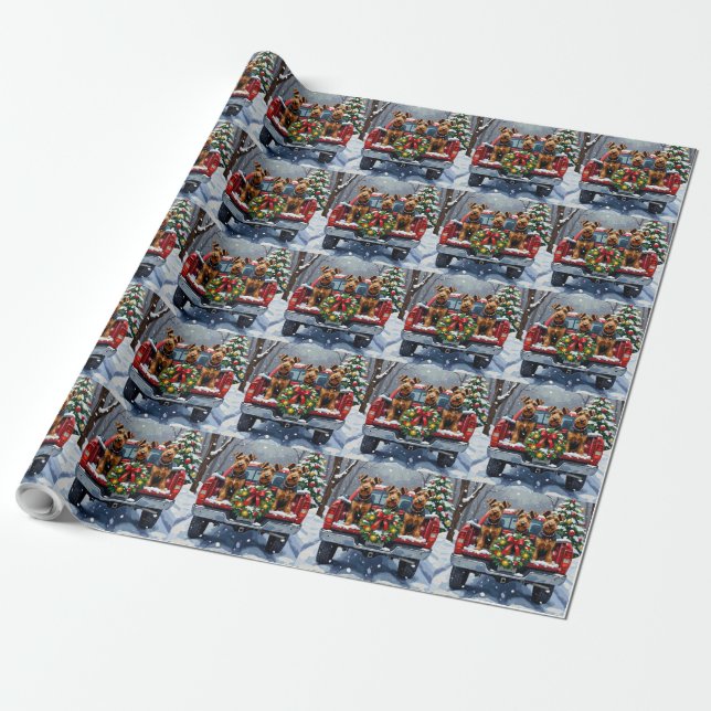 Airedale Terrier Christmas Red Truck Holiday Wrapping Paper (Unrolled)