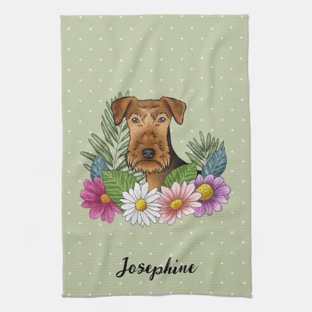 Airedale Terrier Colourful Flowers And Name Green Kitchen Towel (Vertical)
