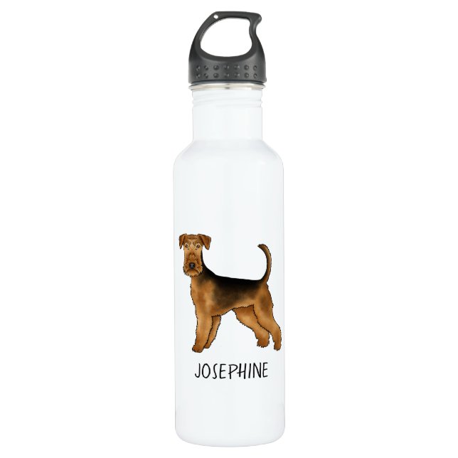 Airedale Terrier Cute Cartoon Dog And Custom Name 710 Ml Water Bottle (Front)