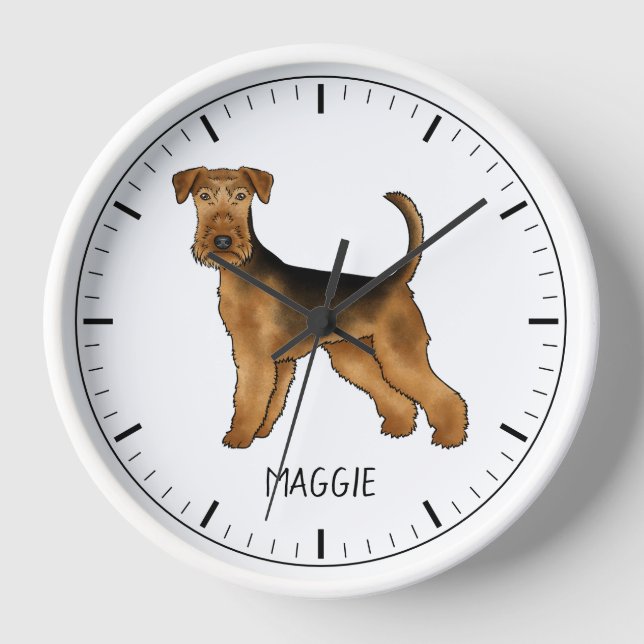 Airedale Terrier Cute Cartoon Dog And Custom Name Clock (Front)