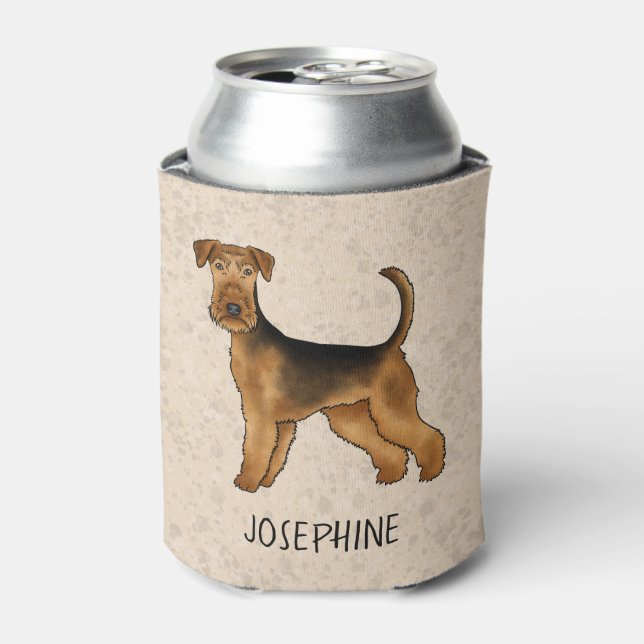 Airedale Terrier Cute Cartoon Dog And Name Beige Can Cooler (Can Front)