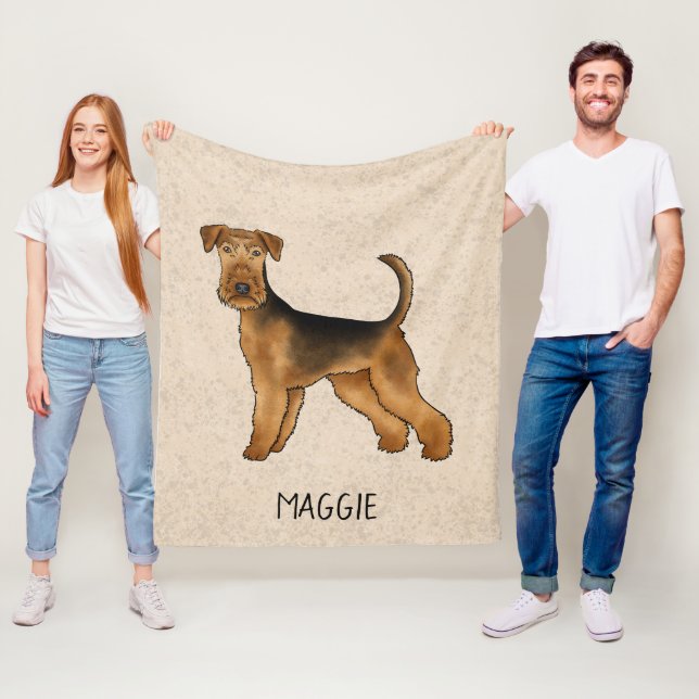 Airedale Terrier Cute Cartoon Dog And Name Beige Fleece Blanket (In Situ)