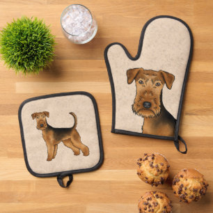 Airedale Terrier Cute Cartoon Dog Bingley Terrier Oven Mitt & Pot Holder Set