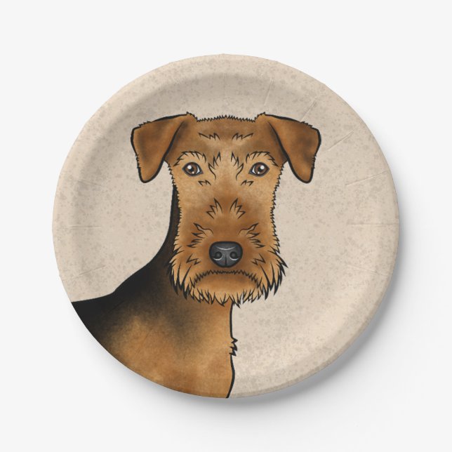 Airedale Terrier Cute Cartoon Dog Head On Beige Paper Plate (Front)