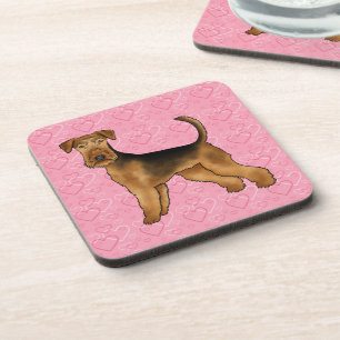 Airedale Terrier Cute Cartoon Dog With Pink Hearts Coaster